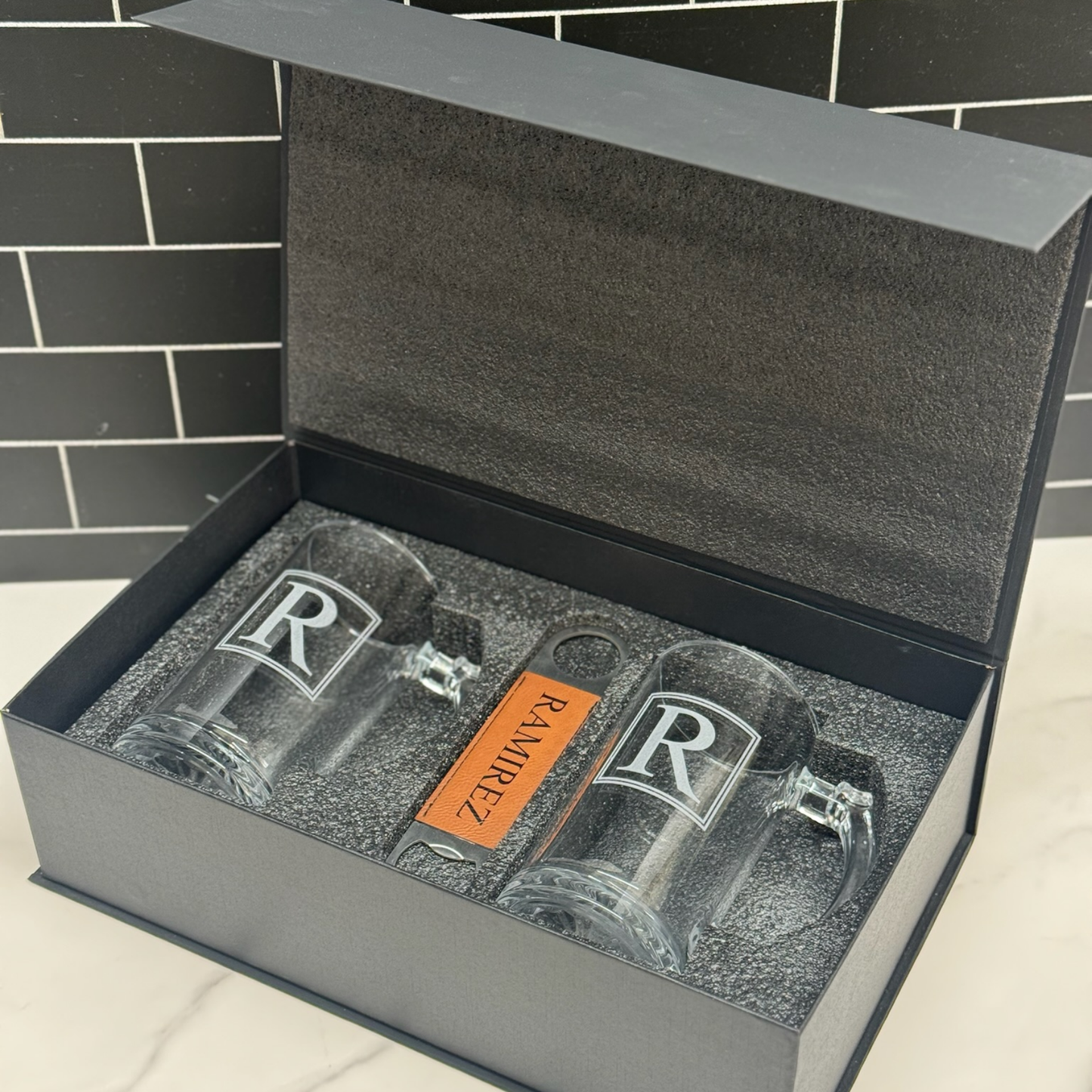 Beer set with two 14oz mugs and one rawhide leather bottle opener