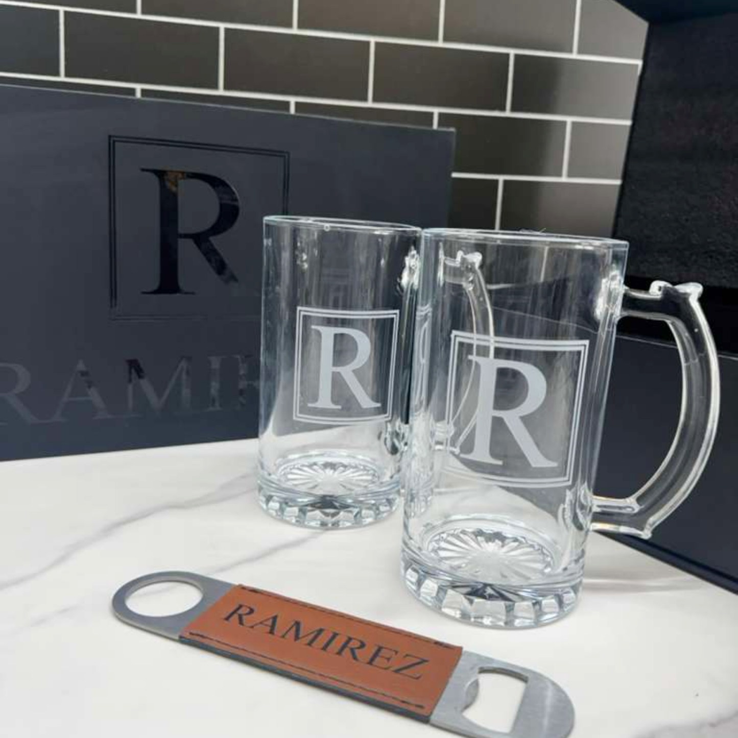 Beer set with two 14oz mugs and one rawhide leather bottle opener